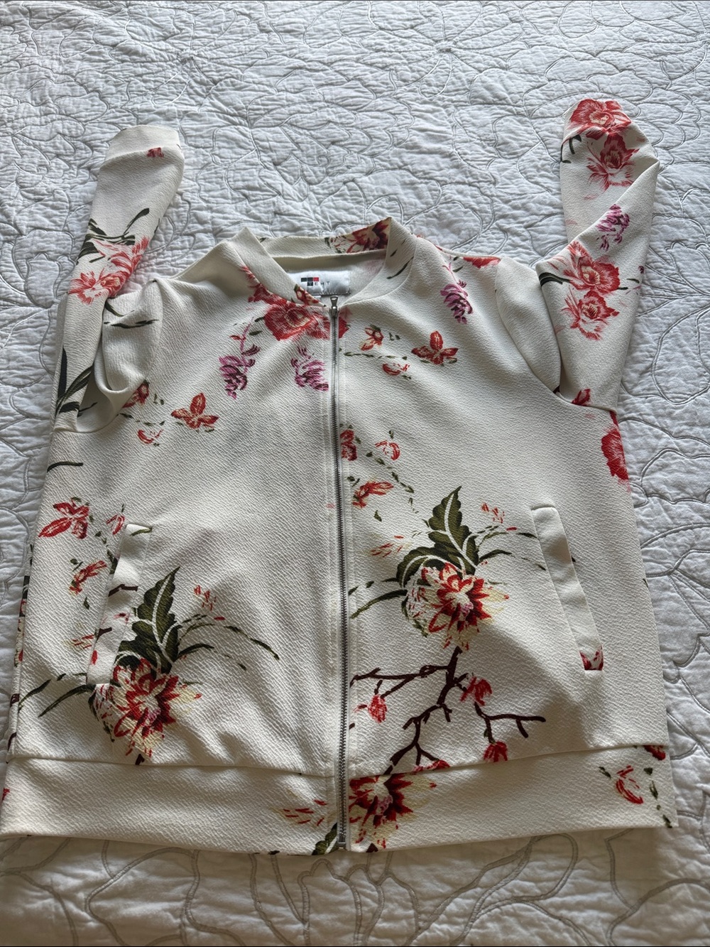 Temt Cream Bomber Jacket with Pink Floral Print L